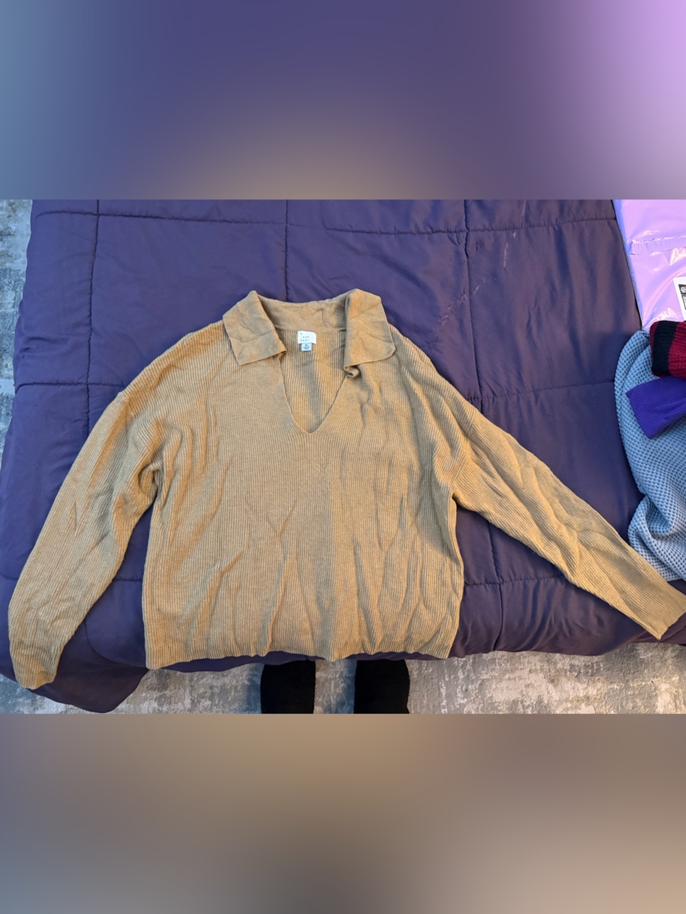 Women’s Tan Ribbed V-Neck Sweater with Collar